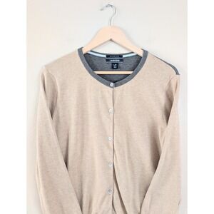 Lands' End Womens L/P Tan Colorblock 100% Supima Cotton Cardigan Preppy Academia